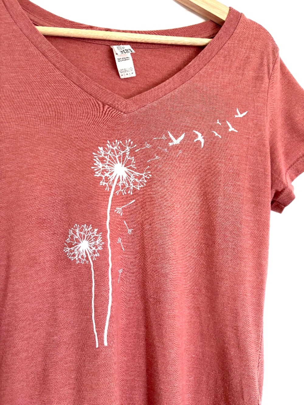 Dusty Pink Dandelion Bird Print Graphic Cotton Blend Tee-Shirt Women’s Medium